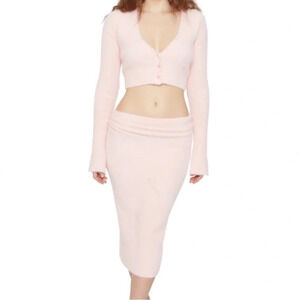 Danielle Guizio Sweet Rib Knit Midi Skirt & Cardigan Set in Pink